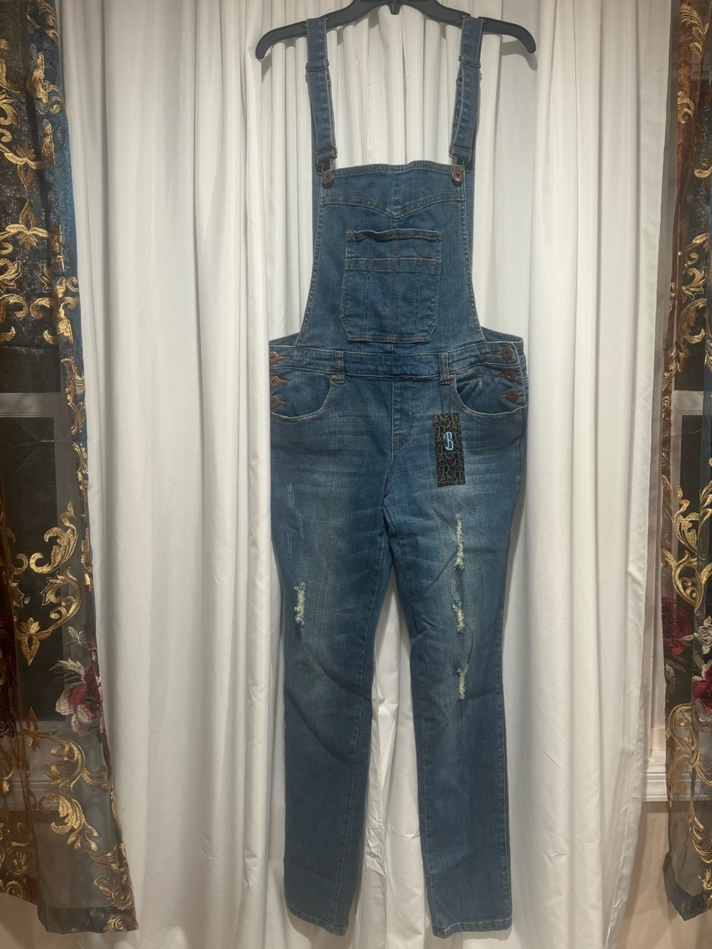 Royal Blue Skinny Denim Distressed Overalls